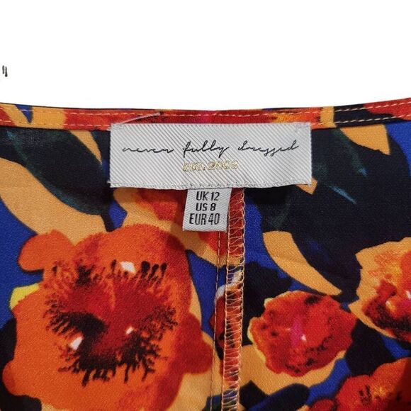 Never Fully Dressed Navy & Orange Floral Wrap Dress Size 8 Dressy Multi-Tie - Picture 5 of 10